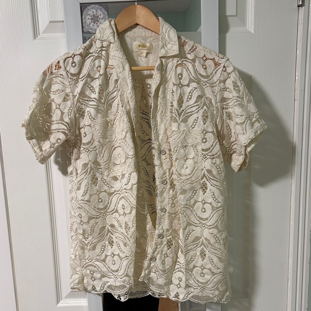 Anthropologie Cream Lace Button Down Shirt